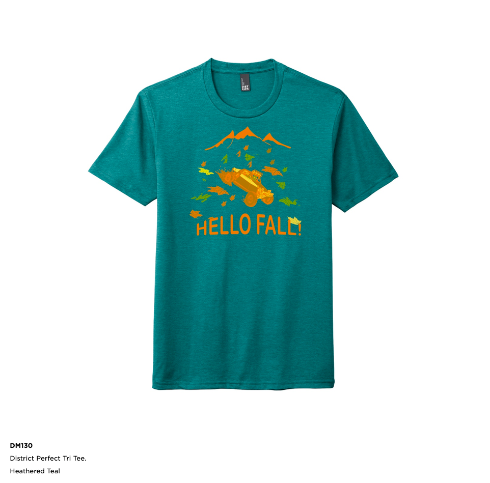 fall t shirt ATV four wheel side by side mountains fall leaves Hello Fall District brand triblend minimal shrinkage Heathered Teal green