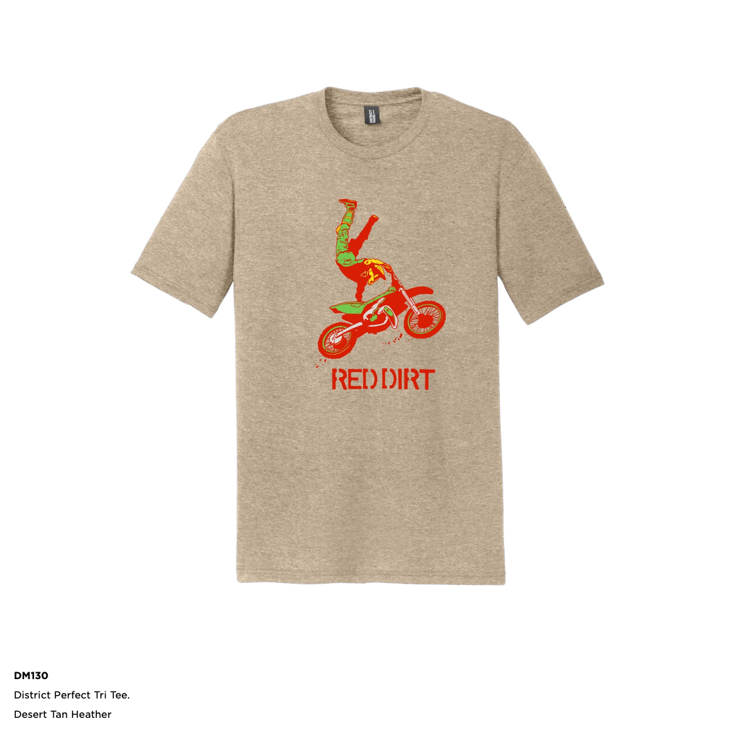 t shirt dirt bike rider red dirt splahes District brand triblend washable minimal shrinkage Desert Tan Heather teenage rider