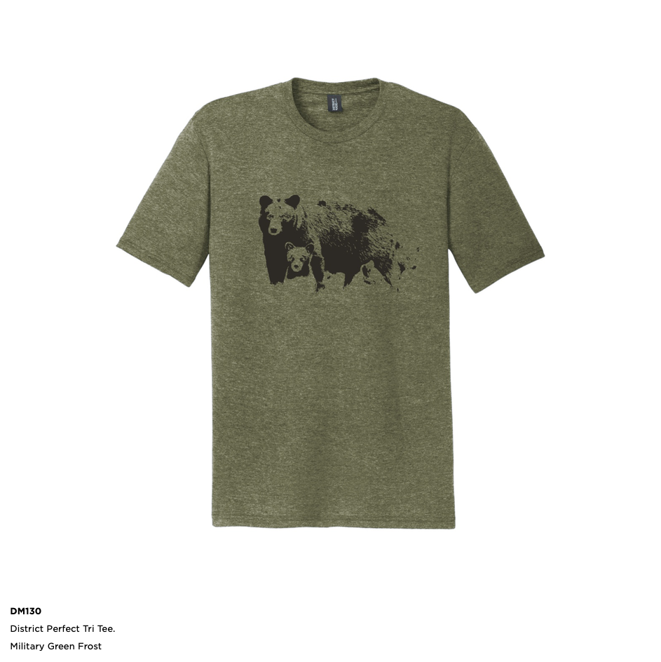 t shirt three bear cubs with mom black print District brand triblend Military Green Frost