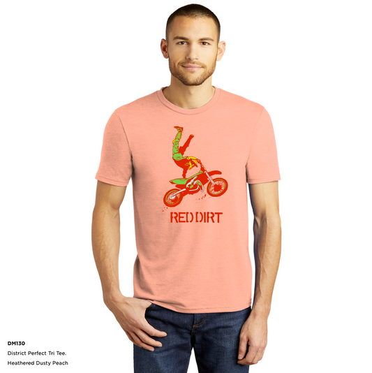 t  shirt dirt bike rider red dirt   stunt biker splahes District brand triblend washable minimal shrinkage Dusty peach light orange  Heather teenage rider